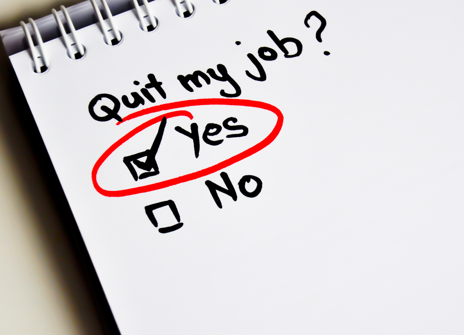 notepad with "quit my job?" and the "yes" box checked written in black Sharpie.