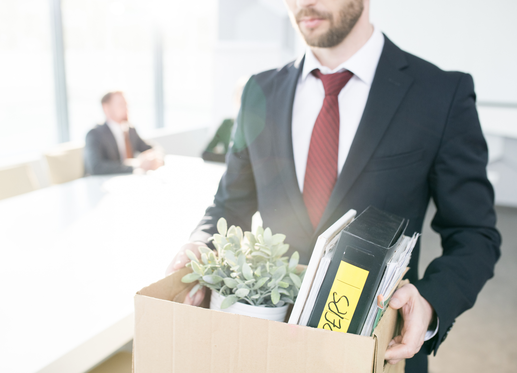 People are quitting their jobs: man in a suit leaving an office with a box containing a plant, binder, and notebooks